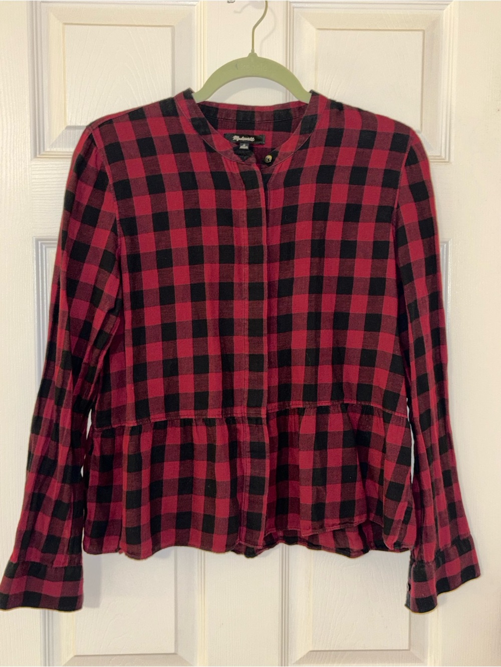 Madewell Red Check Plaid Lakeside Peplum Button Blouse Size Medium Linen Blend